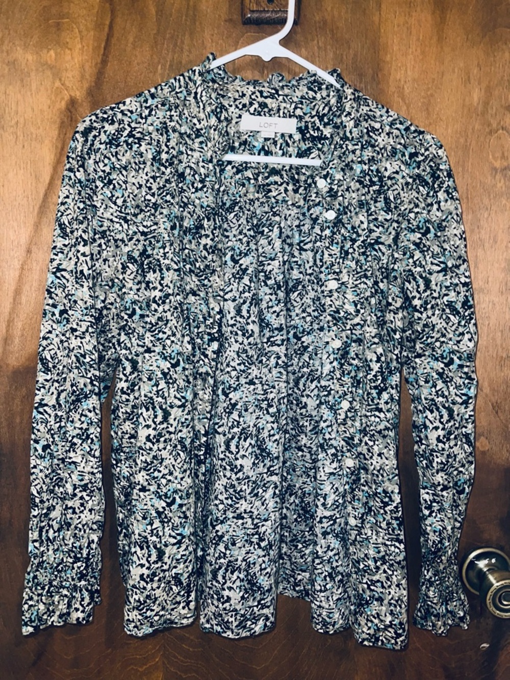 LOFT Printed Long Sleeve Blouse in Black, White & Teal